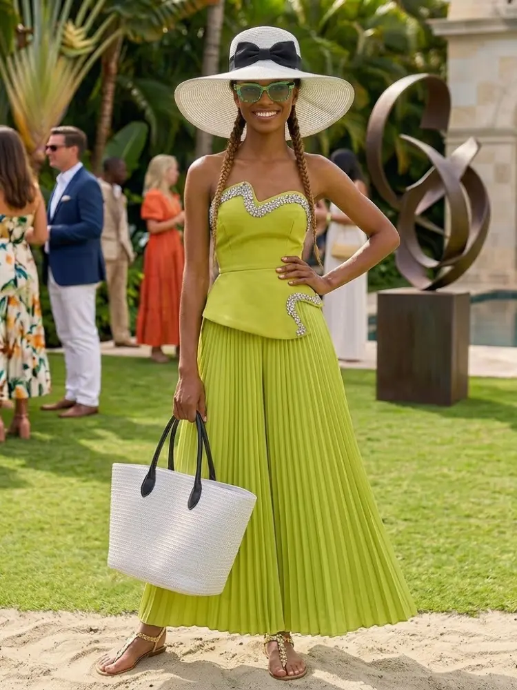 Women's Two-Piece Set Pleated Maxi Lime SOHO New Collection THE HAMPTONS BYMANYC ® New York by BYMANYC ® New York