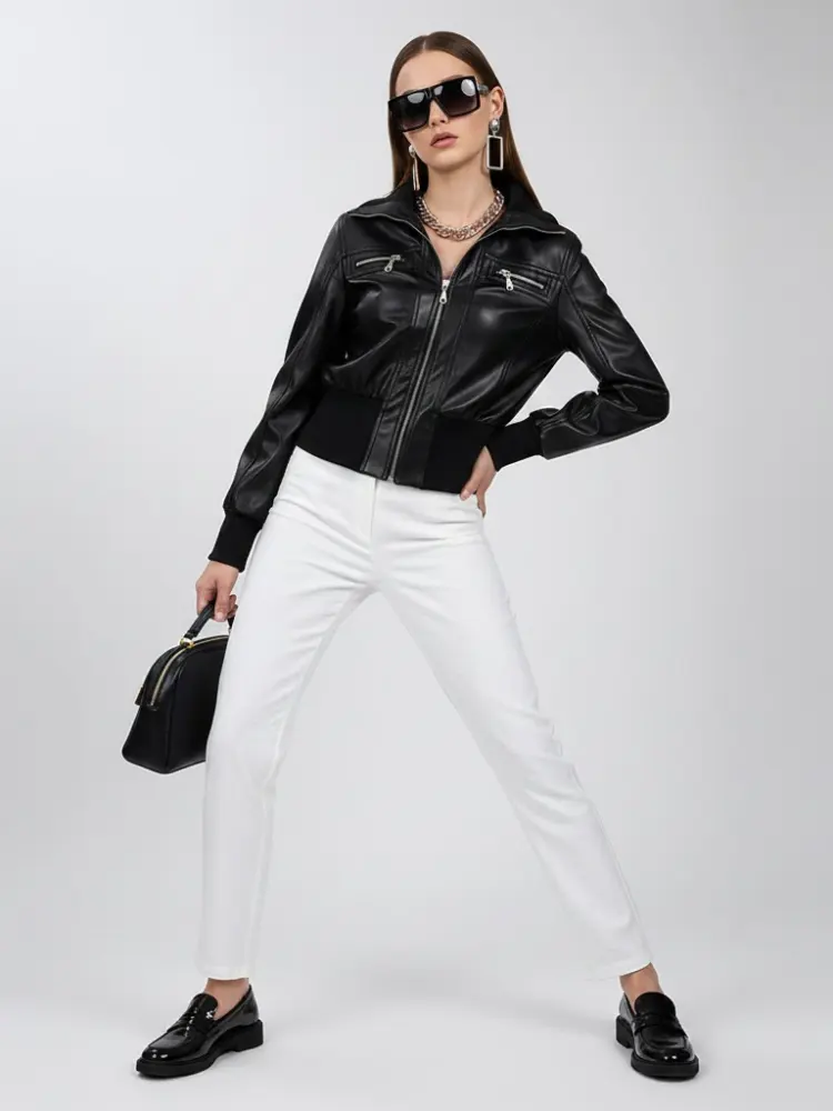 Women's Vegan Leather Bomber Jacket BLACK - FLATBUSH: New Collection COUTURE in BROOKLYN - BYMANYC ® New York by BYMANYC ® New York