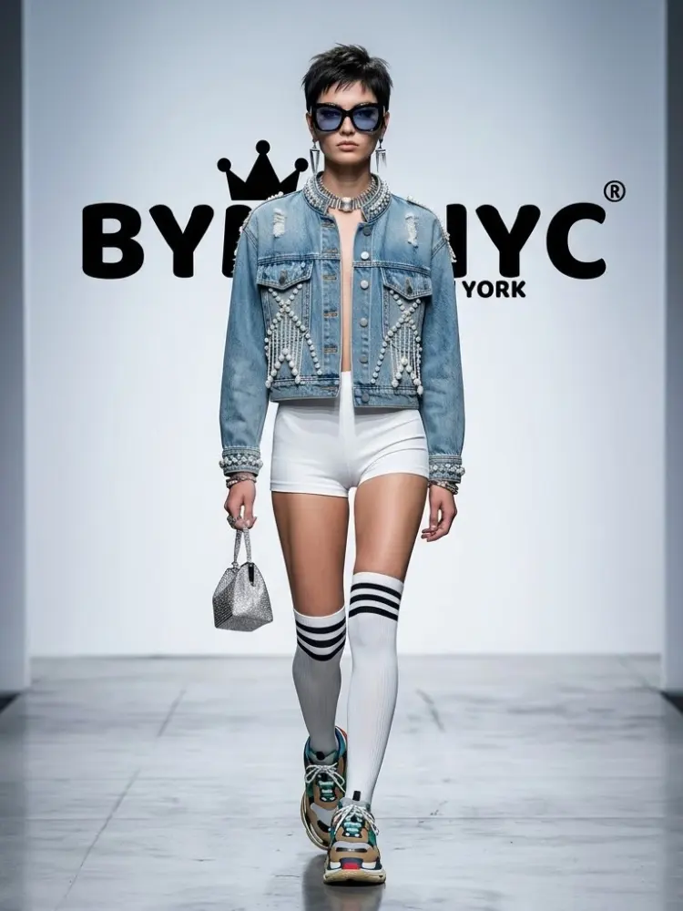 Women's Denim Jacket Pearl Embellished Fringe BYMANYC ® New York CONTEMPORARY VIBRANT MODERN OUTERWEAR - New Collection by BYMANYC ® New York
