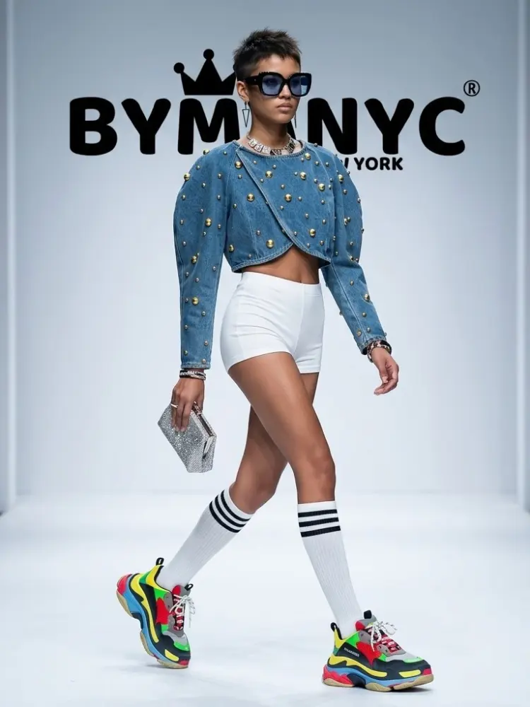 Women's Cropped Blue Denim Jacket Gold Studded BYMANYC ® New York CONTEMPORARY VIBRANT MODERN OUTERWEAR - New Collection by BYMANYC ® New York