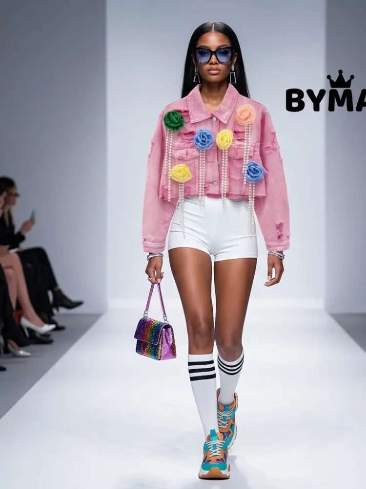 Women's Pink Denim Jacket 3D Floral Pearl Fringe BYMANYC ® New York CONTEMPORARY VIBRANT MODERN OUTERWEAR - New Collection by BYMANYC ® New York