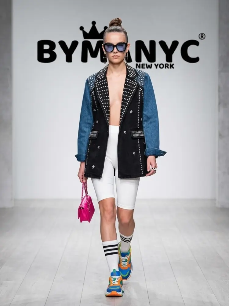 Women's Studded Two-Tone Patchwork Denim Blazer BYMANYC ® New York CONTEMPORARY VIBRANT MODERN OUTERWEAR - New Collection by BYMANYC ® New York