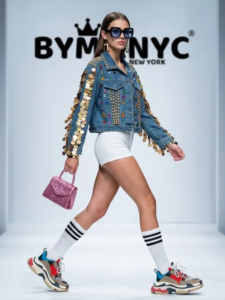 Women's Gold Coin & Rhinestone Embellished Denim Jacket BYMANYC ® New York CONTEMPORARY VIBRANT MODERN OUTERWEAR - New Collection by BYMANYC ® New York