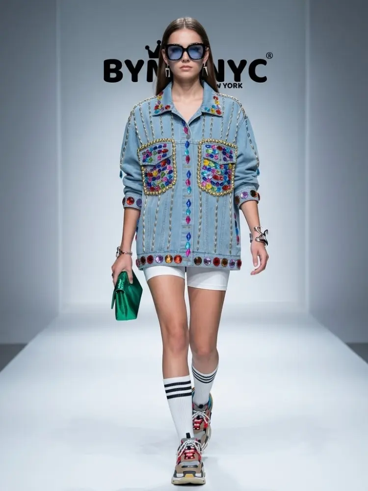Women's Blue Denim Jacket Oversized Rainbow Crystal Chain BYMANYC ® New York CONTEMPORARY VIBRANT MODERN OUTERWEAR - New Collection by BYMANYC ® New York