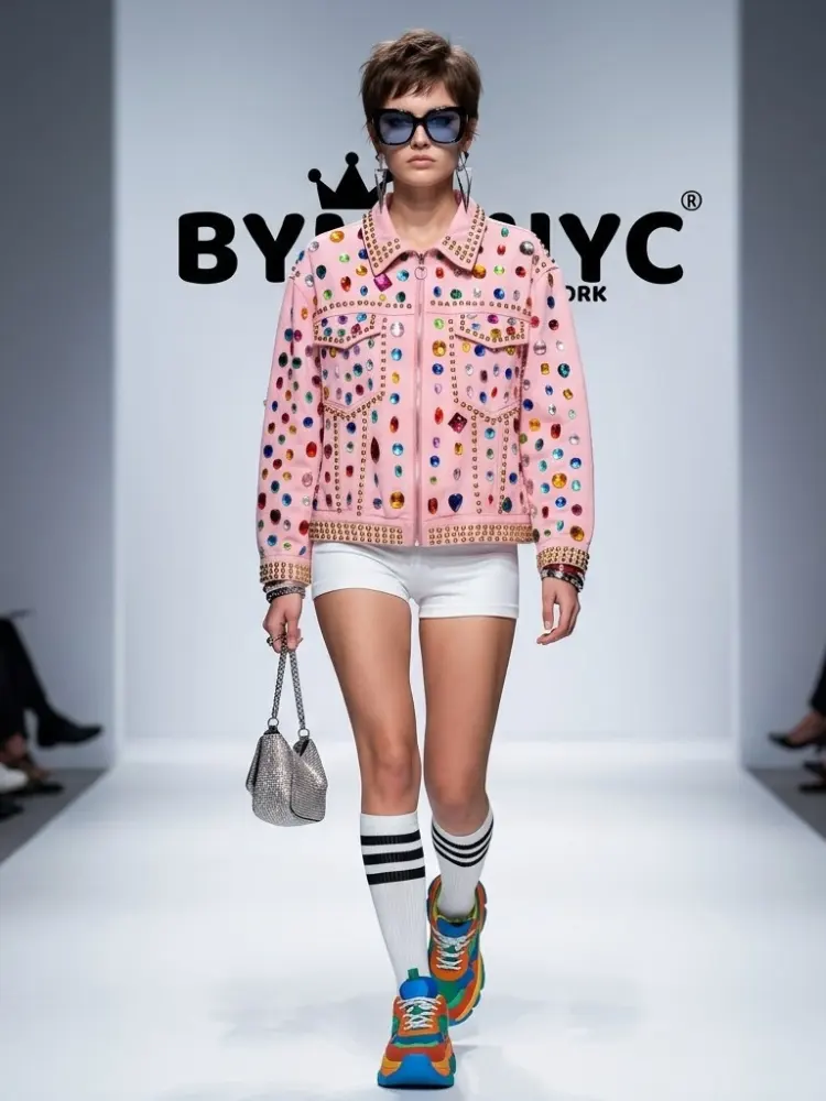 Women's Pink Denim Jacket Rainbow Crystal Studded BYMANYC ® New York CONTEMPORARY VIBRANT MODERN OUTERWEAR - New Collection by BYMANYC ® New York