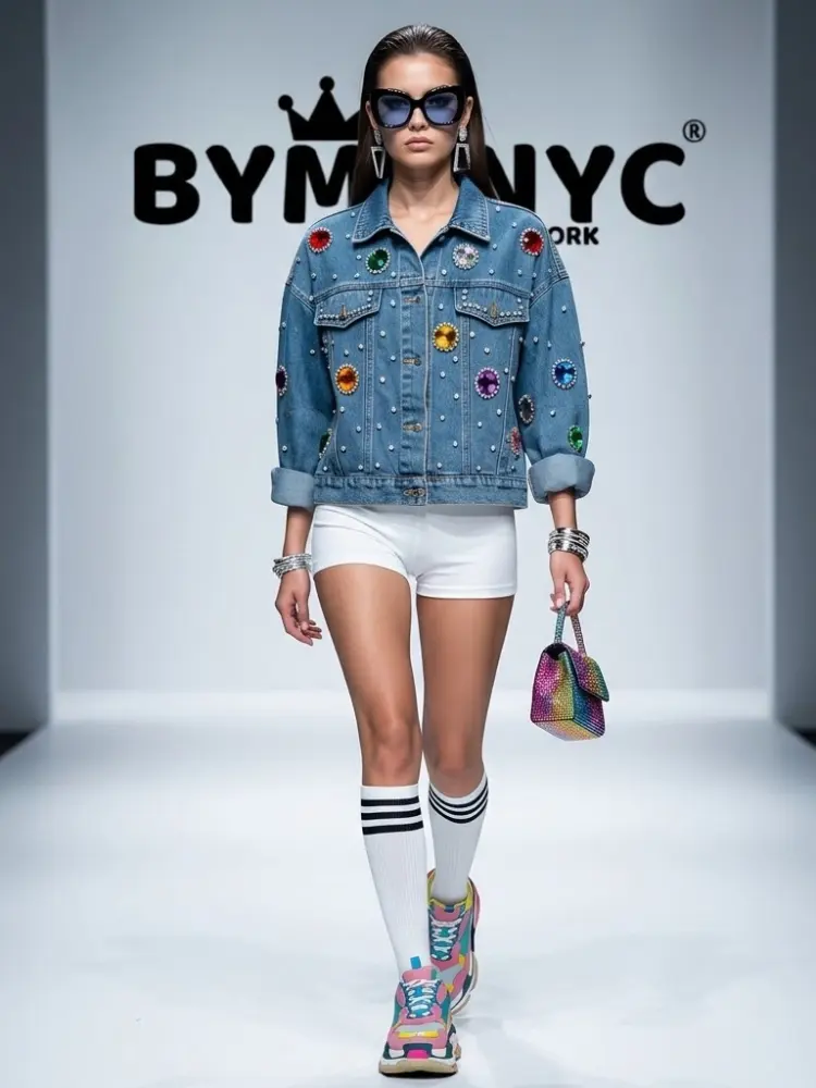 Women's Blue Denim Jacket Oversized Jewel Pearl Embellished BYMANYC ® New York CONTEMPORARY VIBRANT MODERN OUTERWEAR - New Collection by BYMANYC ® New York
