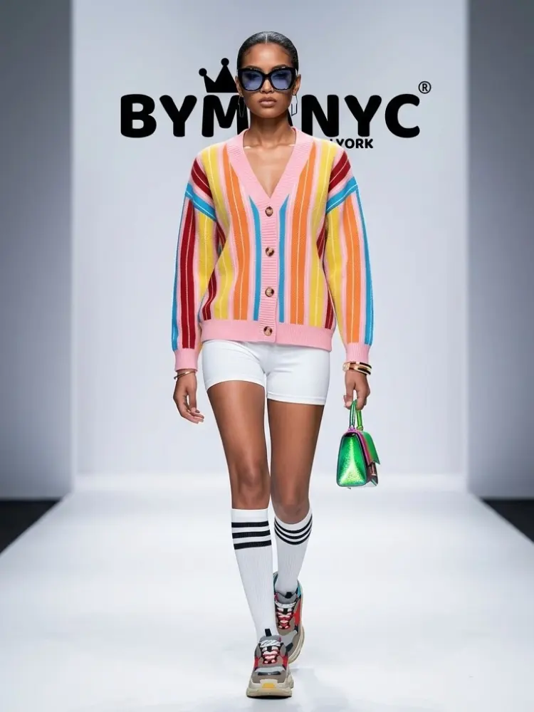 Women's Rainbow Striped Knit Cardigan BYMANYC ® New York CONTEMPORARY VIBRANT MODERN OUTERWEAR - New Collection by BYMANYC ® New York