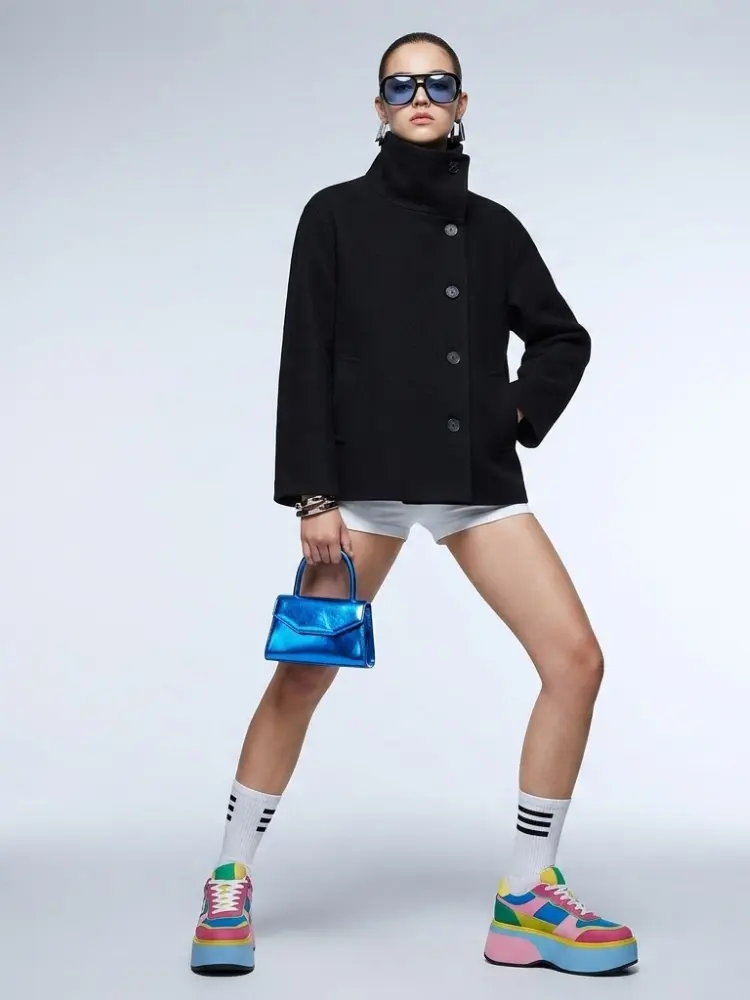 Women's Jacket Black Wool Blend High Collar BYMANYC ® New York SOHO ASYMMETRIC SHORT COAT - New Collection by BYMANYC ® New York