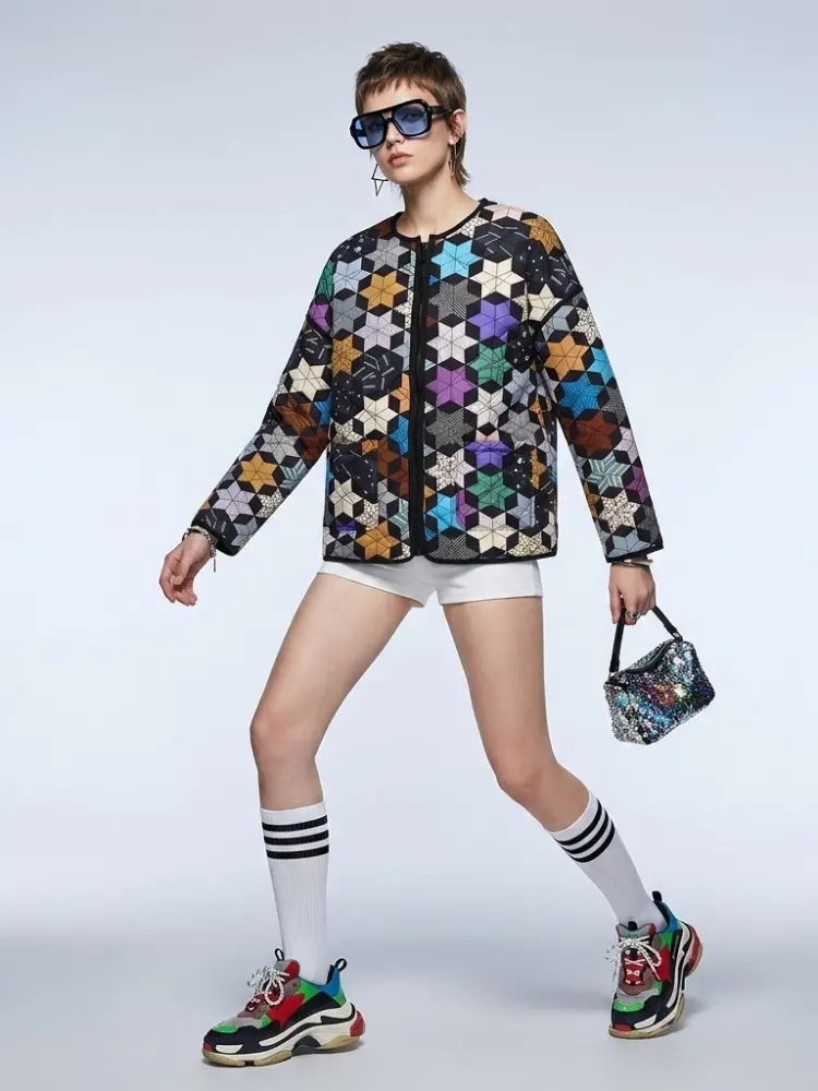 Women's Quilted Jacket Geometric Star Patchwork BYMANYC ® New York CONTEMPORARY VIBRANT MODERN OUTERWEAR - New Collection by BYMANYC ® New York