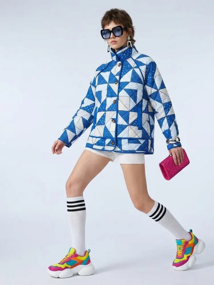Women's Quilted Jacket Geometric Blue White BYMANYC ® New York CONTEMPORARY VIBRANT MODERN OUTERWEAR - New Collection by BYMANYC ® New York