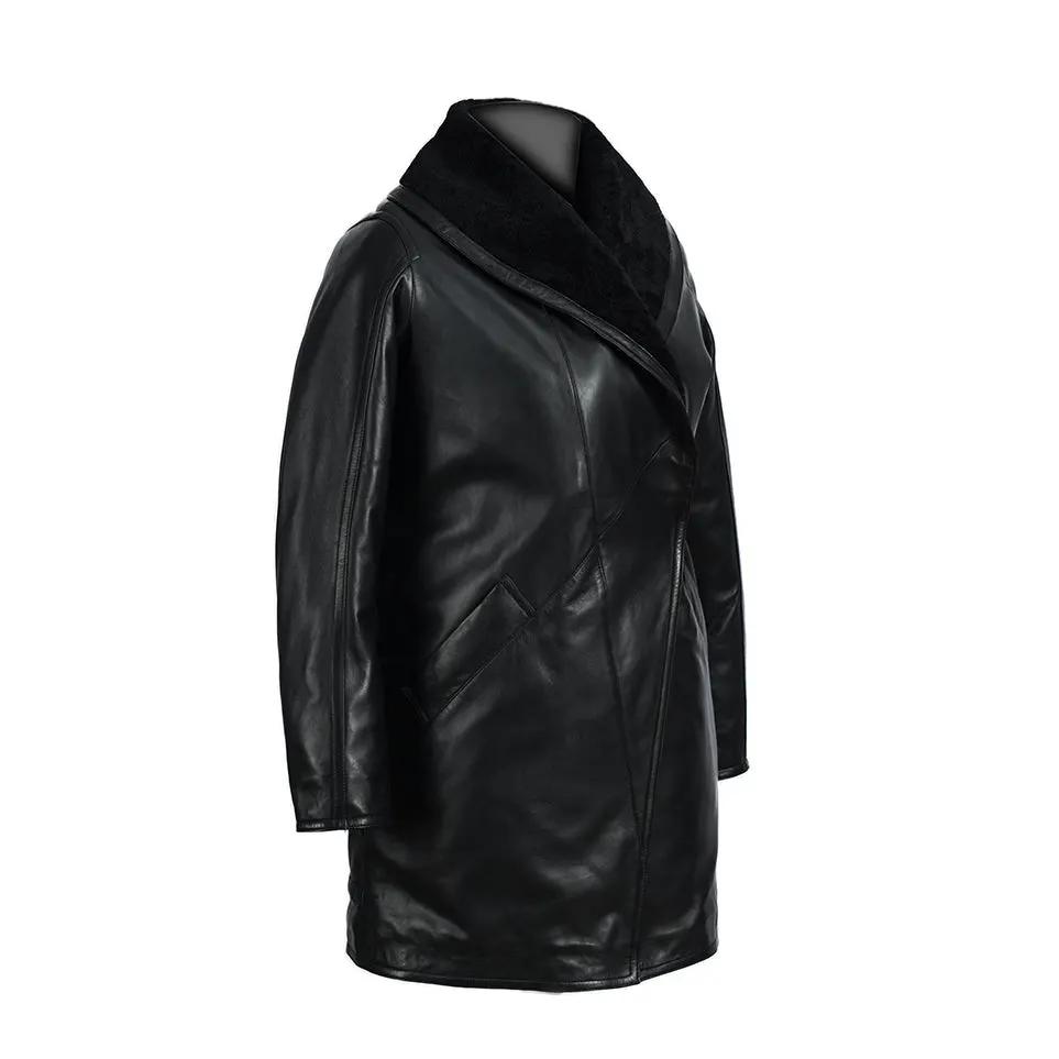 Women's Scully Black Full Length Faux Fur Leather Coat by Inland Leather Co.