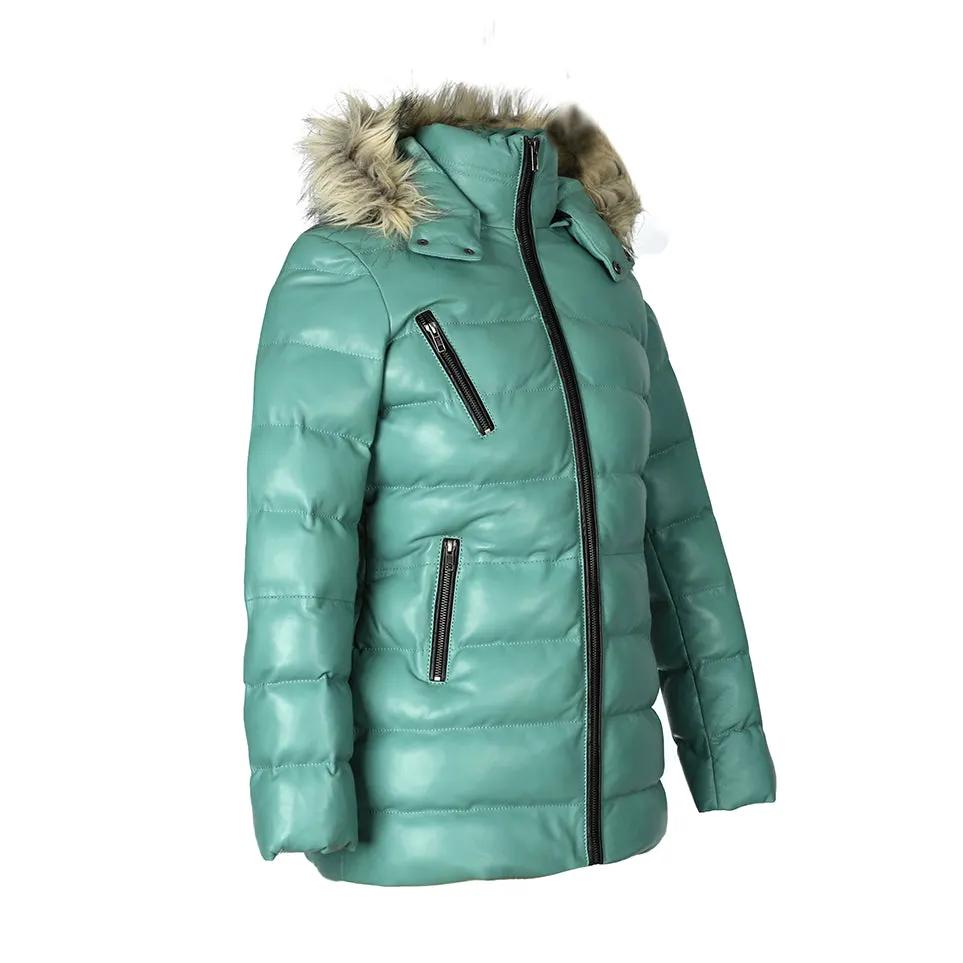 Women’s Selina Cyan Puffer Leather Jacket with Fur Hoodie by Inland Leather Co.
