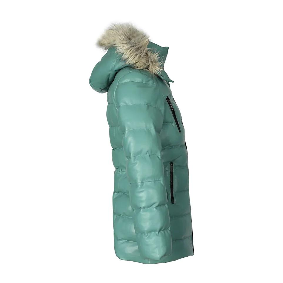Women’s Selina Cyan Puffer Leather Jacket with Fur Hoodie by Inland Leather Co.