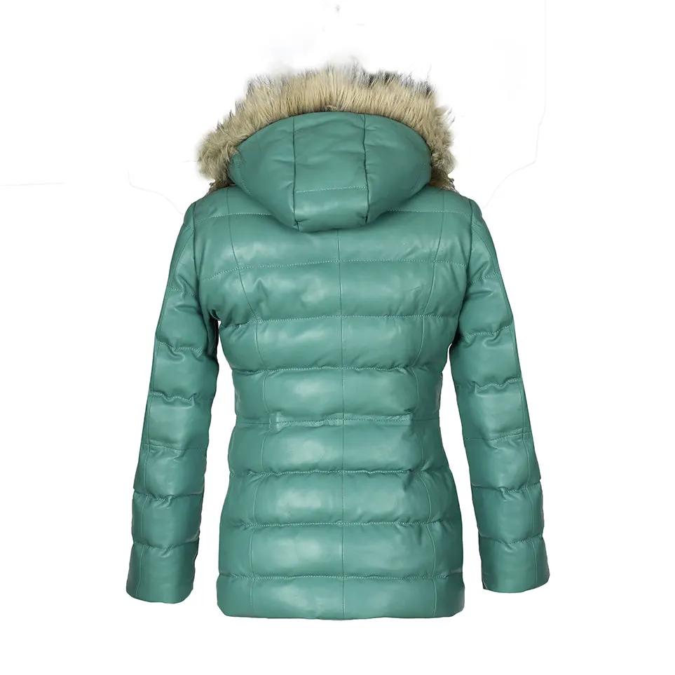 Women’s Selina Cyan Puffer Leather Jacket with Fur Hoodie by Inland Leather Co.