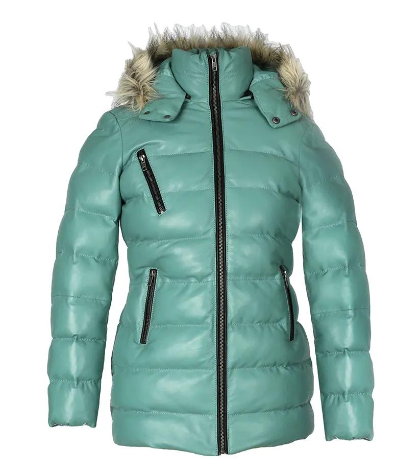 Women’s Selina Cyan Puffer Leather Jacket with Fur Hoodie by Inland Leather Co.