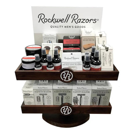 Rockwell Razors Shave, Beard & Grooming Supplies in Two-level Wood Display by Rockwell