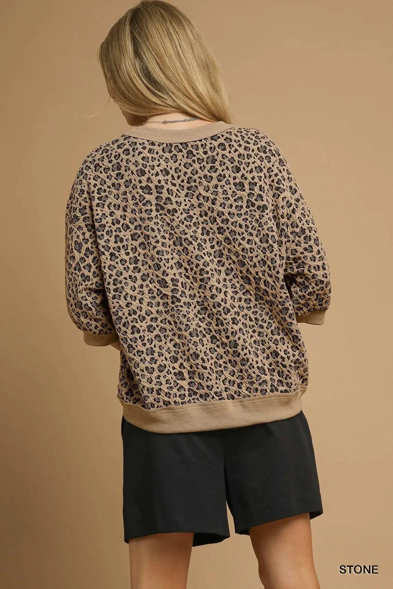 Umgee Leopard Knit Jacquard Puff Sleeve Sweatshirt by Umgee