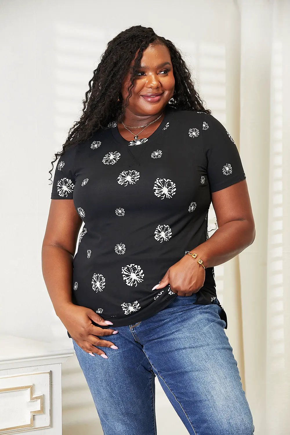 Double Take Dandelion Print Round Neck T-Shirt by Partner Label