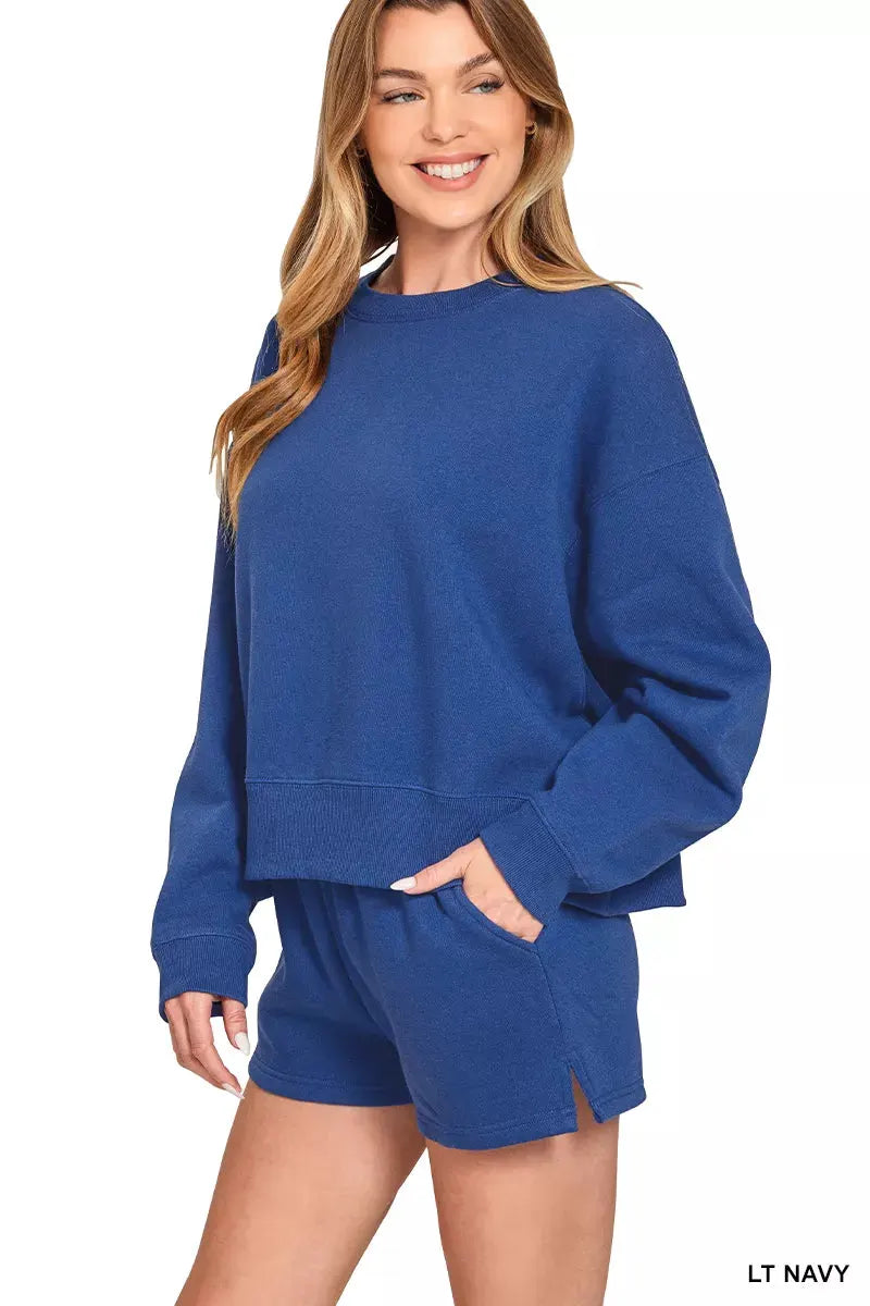 Zenana Fleece Round Neck Sweatshirt and Shorts Set by Zenana