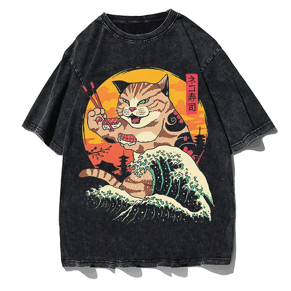 Japanese Genki Cat Anime Print Men's T-Shirt Casual O-Neck by Vimost Shop