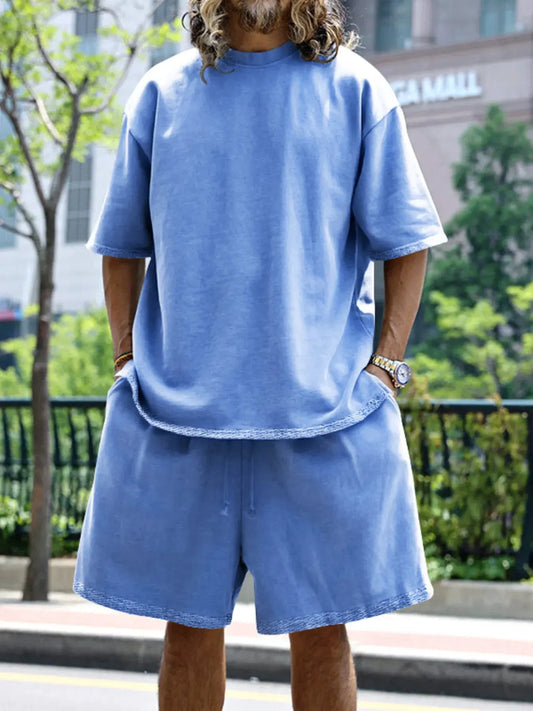 Men's Full Size Round Neck Short Sleeve Top and Shorts Set Plus Size by Partner Label