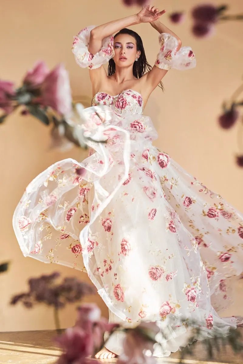 Strapless Organza Peony Print Ball Gown by Tux-USA