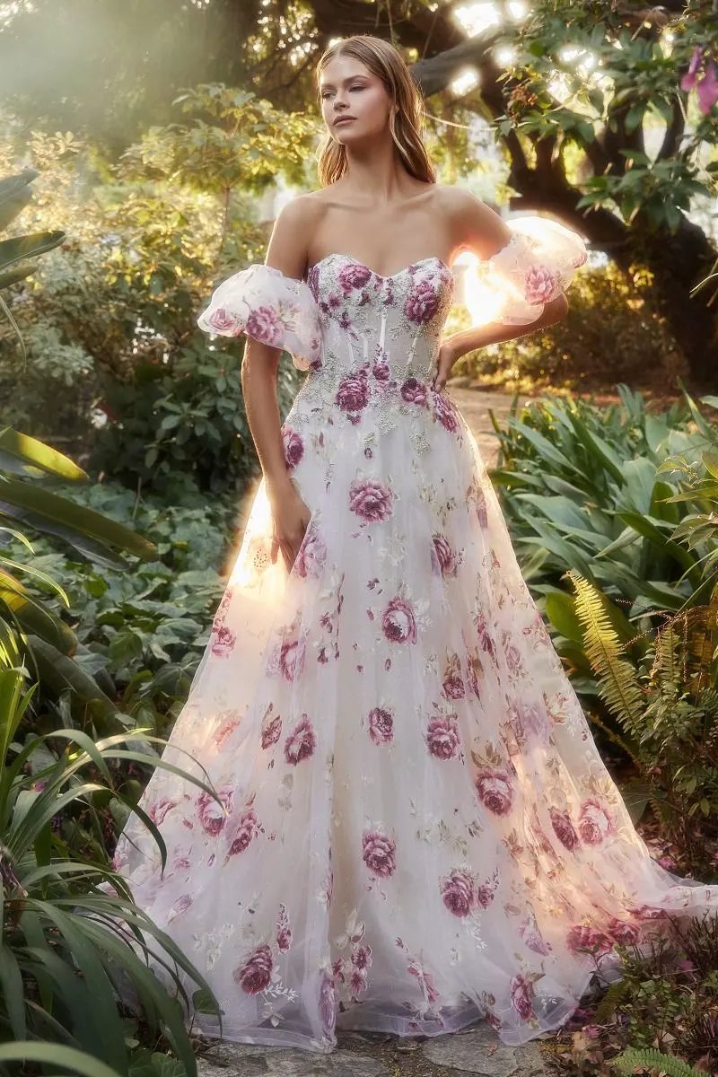 Strapless Organza Peony Print Ball Gown by Tux-USA