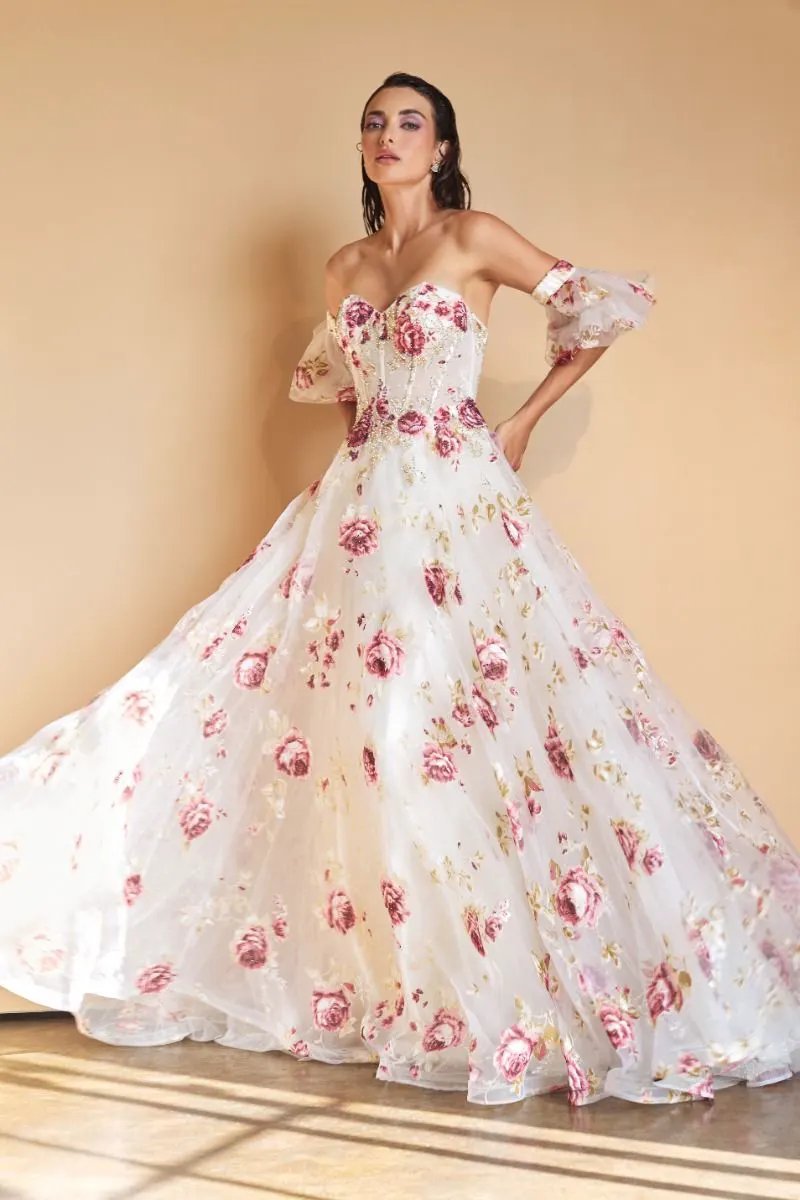 Strapless Organza Peony Print Ball Gown by Tux-USA