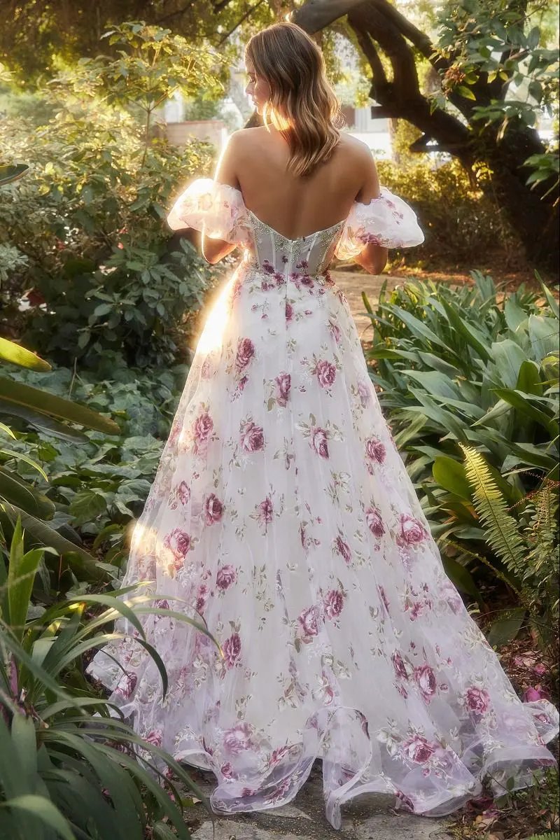 Strapless Organza Peony Print Ball Gown by Tux-USA