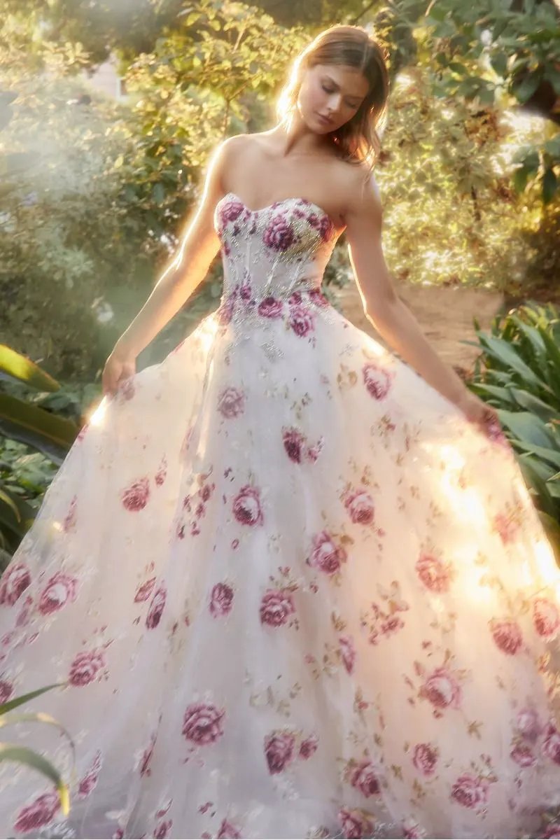 Strapless Organza Peony Print Ball Gown by Tux-USA