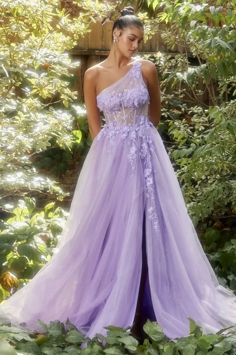 One Shoulder Lace Applique Tulle Gown by Tux-USA