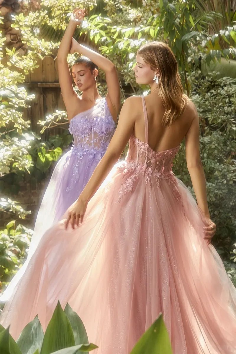 One Shoulder Lace Applique Tulle Gown by Tux-USA