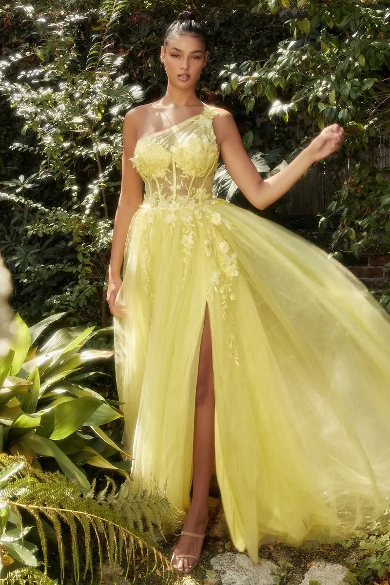 One Shoulder Lace Applique Tulle Gown by Tux-USA