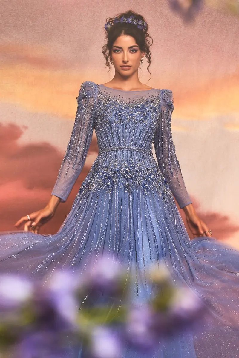 Azurite Beaded Long Sleeve A-Line Gown by Tux-USA