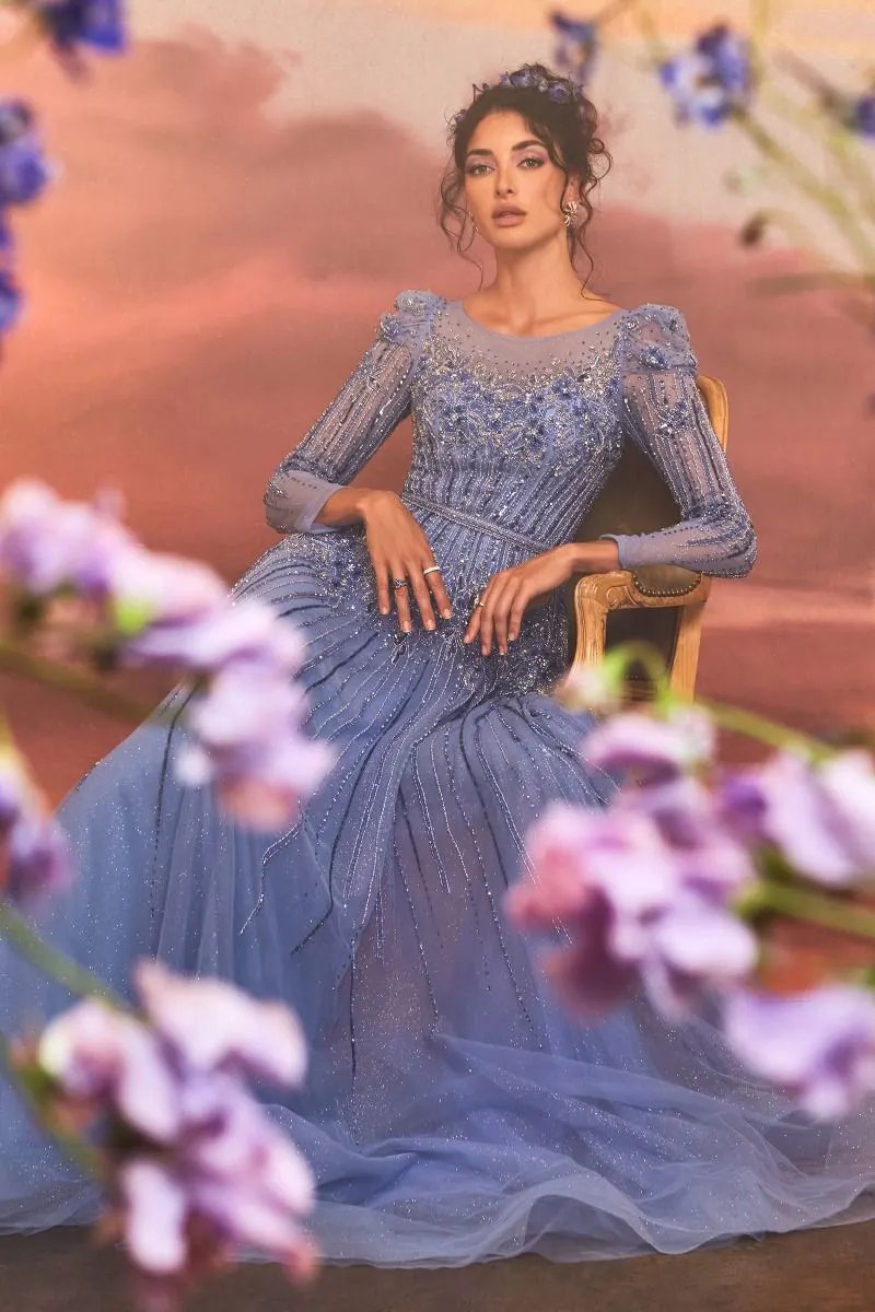 Azurite Beaded Long Sleeve A-Line Gown by Tux-USA