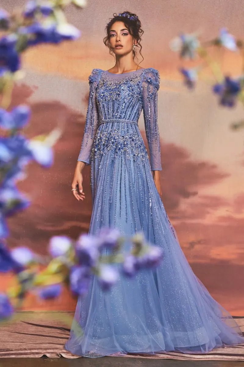 Azurite Beaded Long Sleeve A-Line Gown by Tux-USA