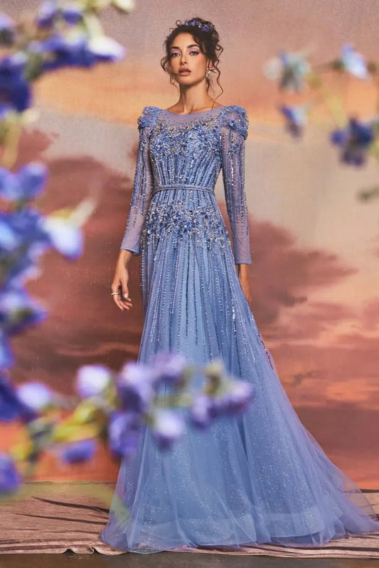 Azurite Beaded Long Sleeve A-Line Gown by Tux-USA