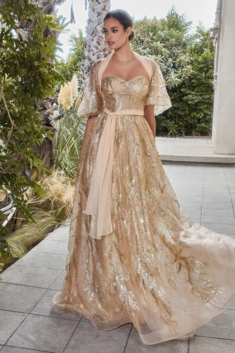 Shimmer Leaf Motif Ball Gown With Matching Shawl by Tux-USA