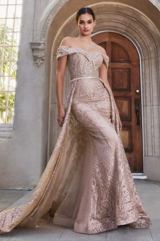 Sequin Lace Off The Shoulder Gown With Overskirt by Partner Label