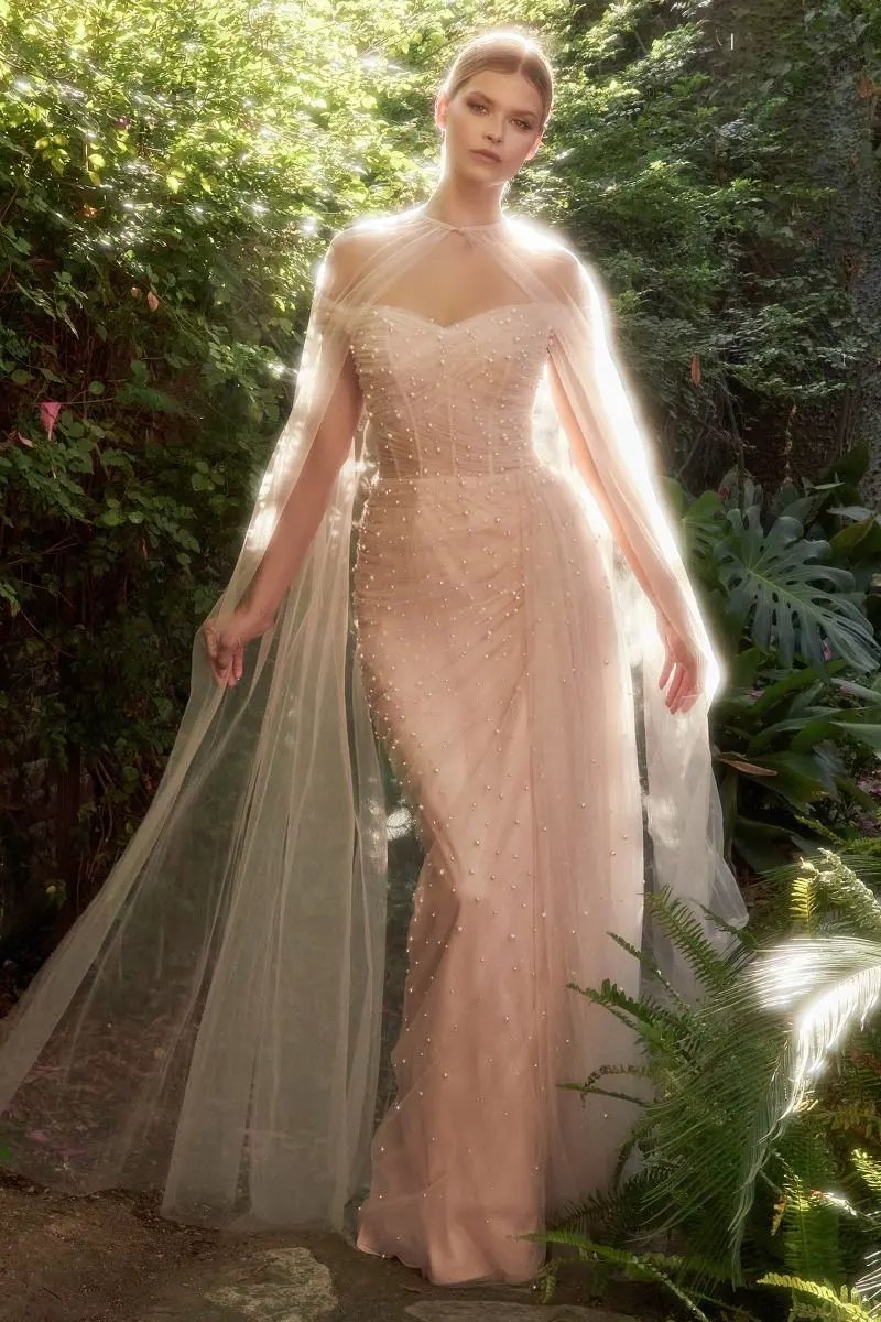 Pearl Pleated Tulle Gown With Cape by Tux-USA