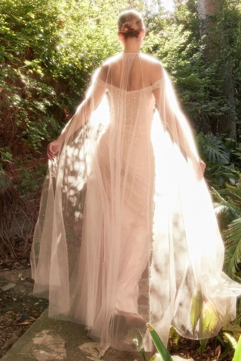 Pearl Pleated Tulle Gown With Cape by Tux-USA