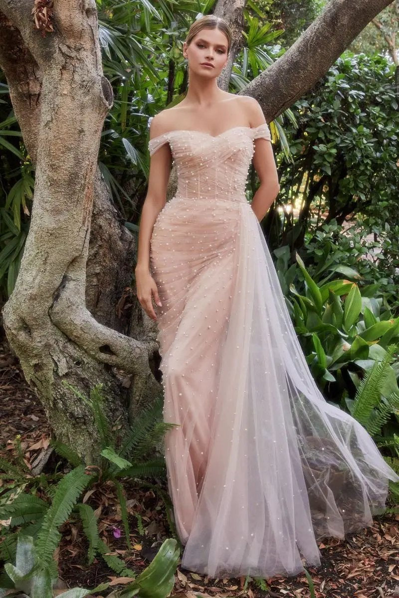 Pearl Pleated Tulle Gown With Cape by Tux-USA