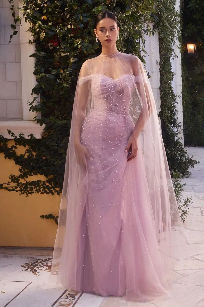 Pearl Pleated Tulle Gown With Cape by Tux-USA