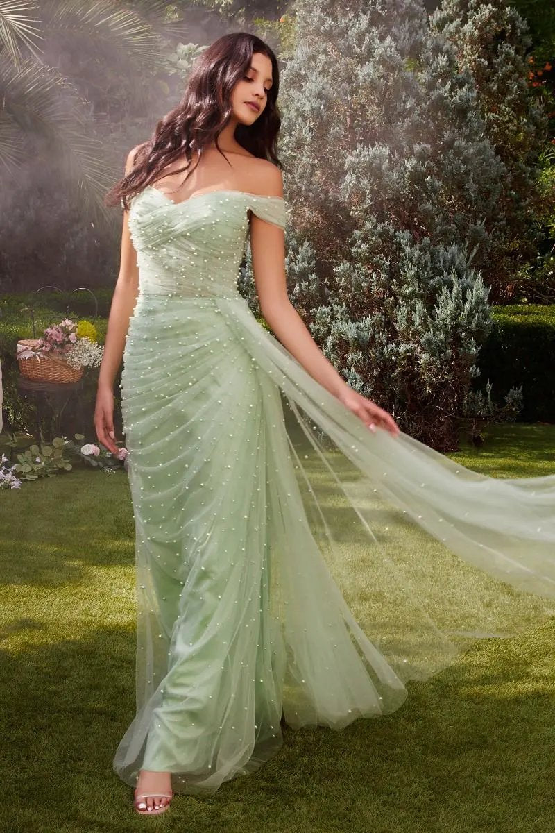 Pearl Pleated Tulle Gown With Cape by Tux-USA