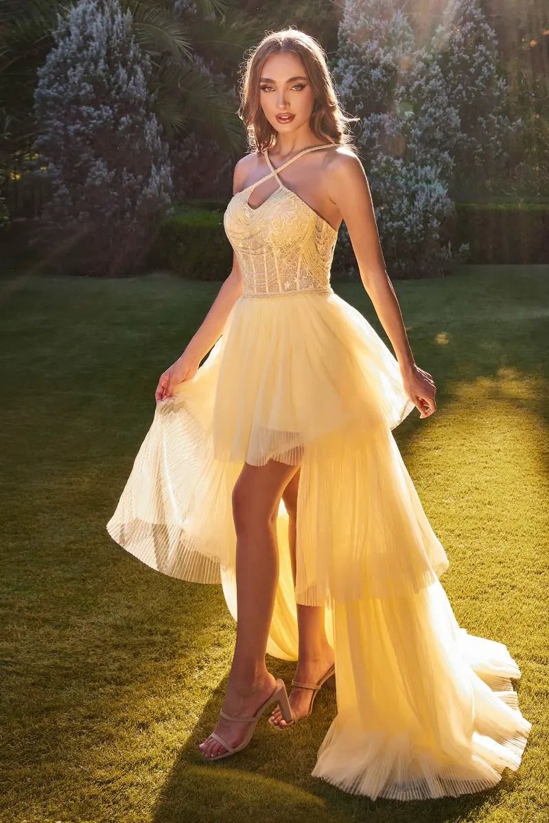 Gown High-Low Beaded Lace Halter Neck With Crystal Belt For Ballroom Event by Tux-USA