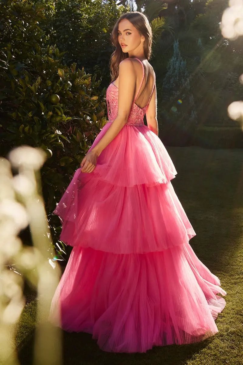 Gown High-Low Beaded Lace Halter Neck With Crystal Belt For Ballroom Event by Tux-USA