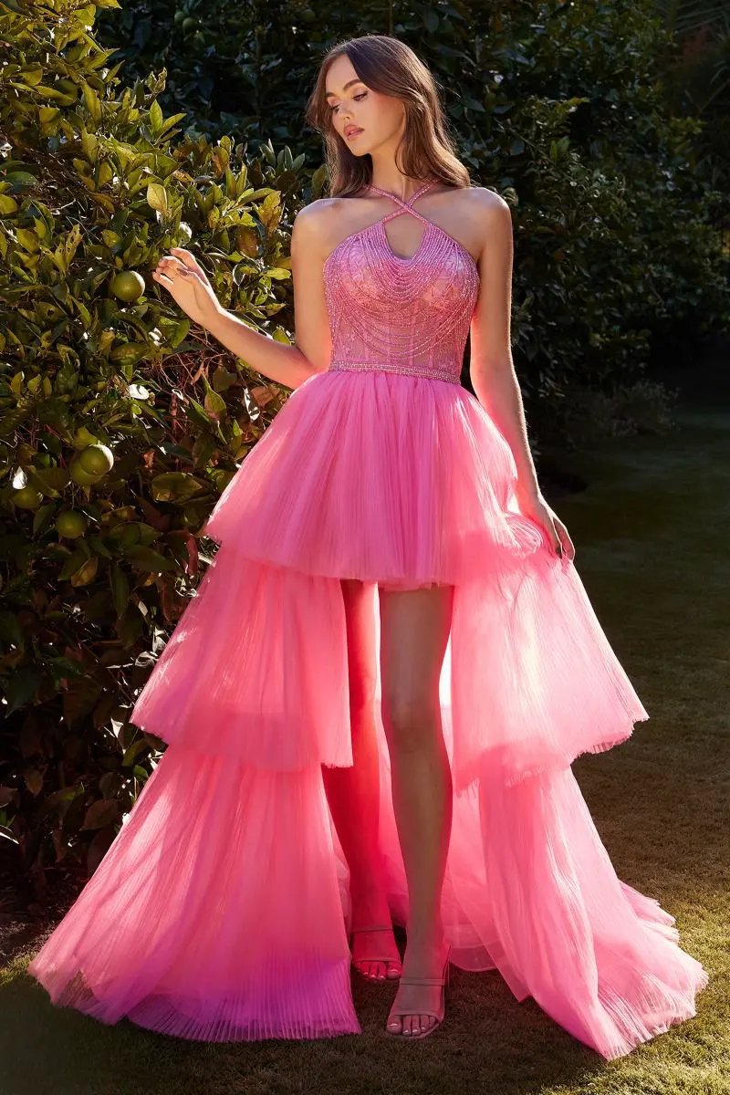 Gown High-Low Beaded Lace Halter Neck With Crystal Belt For Ballroom Event by Tux-USA