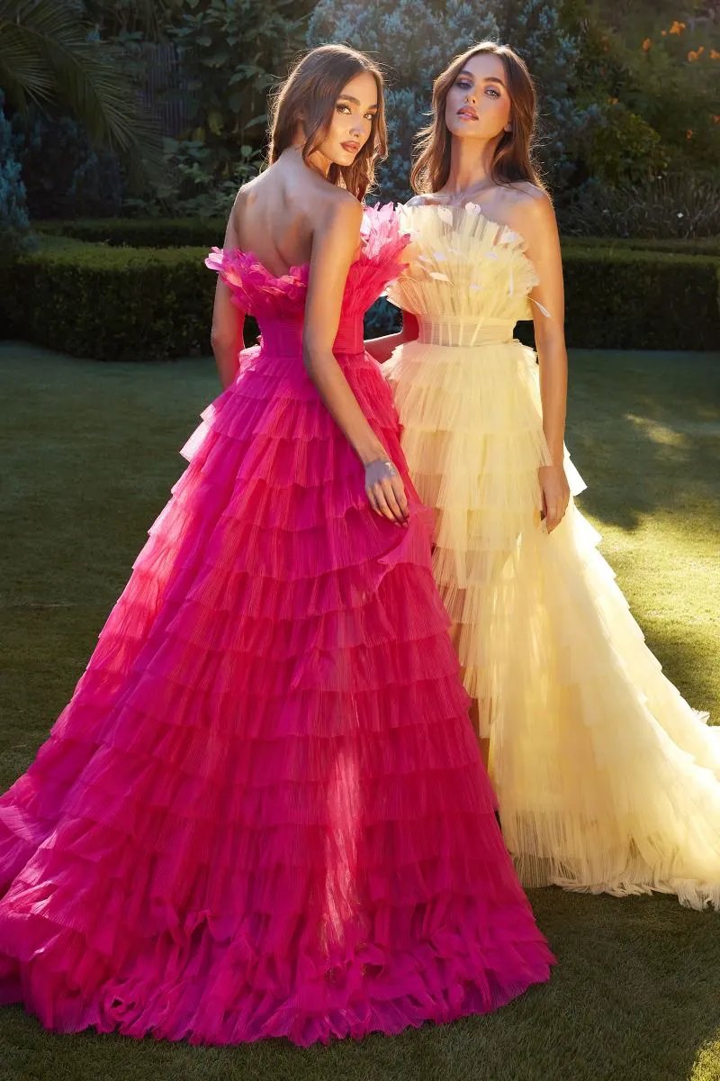 High Low Ruffled Tulle Gown With Feather Details by Tux-USA