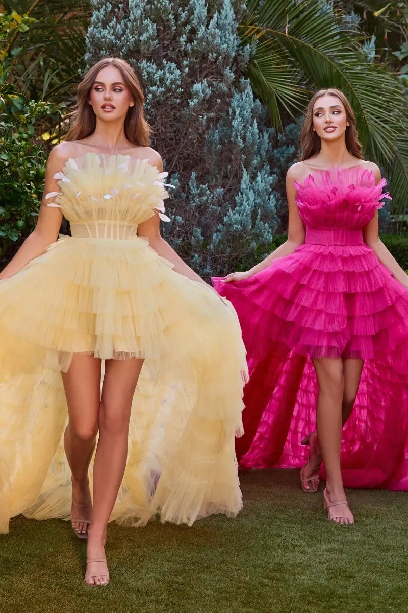 High Low Ruffled Tulle Gown With Feather Details by Tux-USA