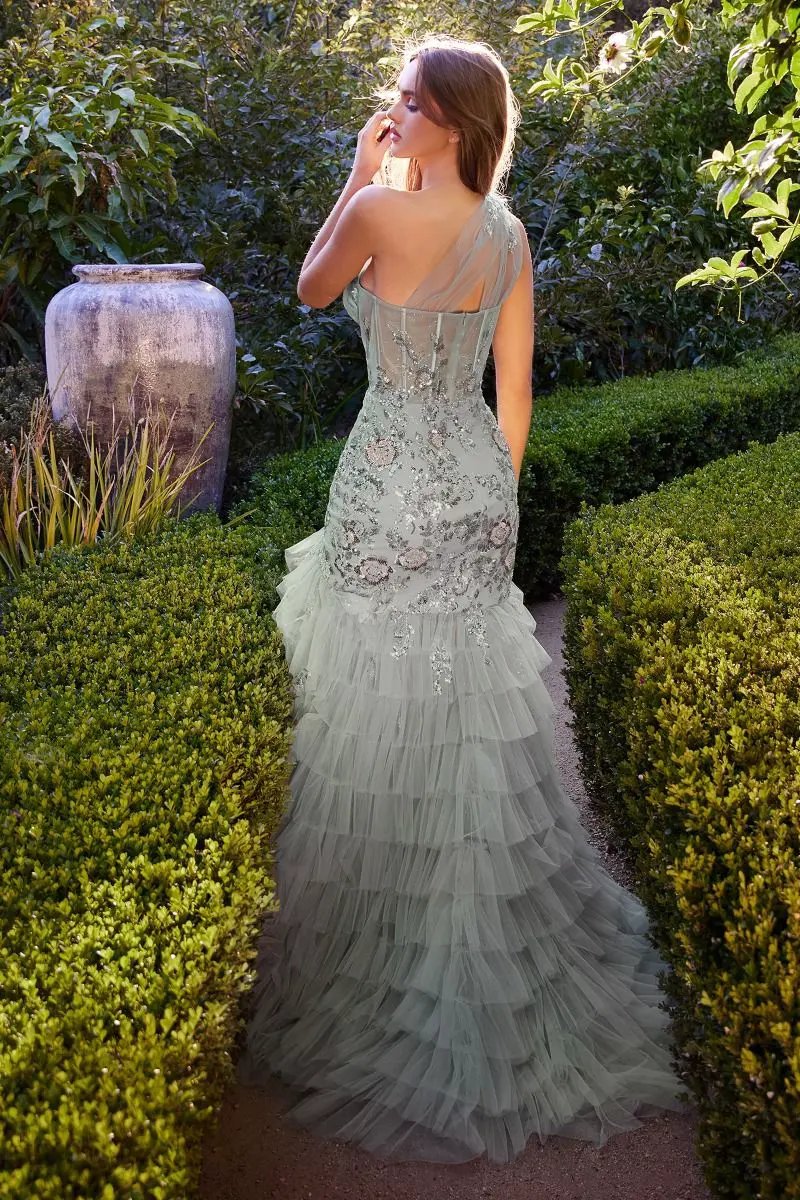 Gown One Shoulder Embellished Layered Tulle Mermaid Silhouette by Tux-USA